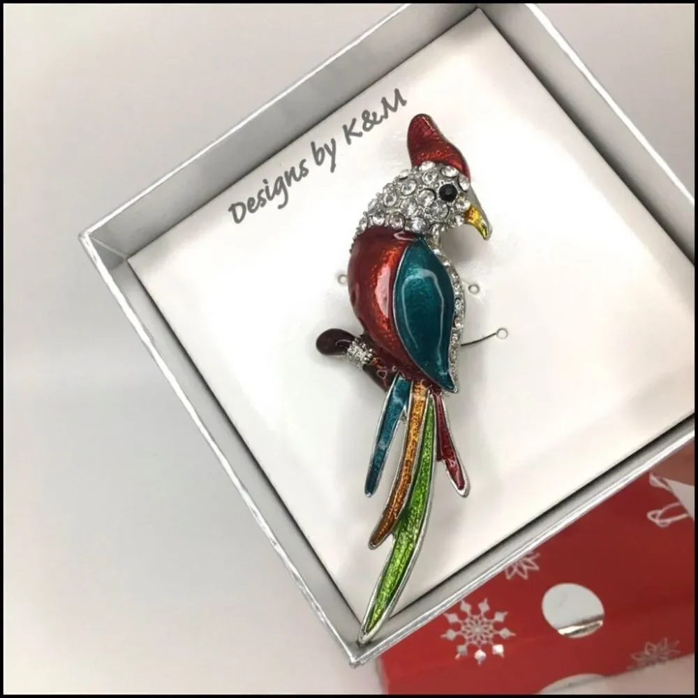 Enamel and Rhinestone Parrot Brooch